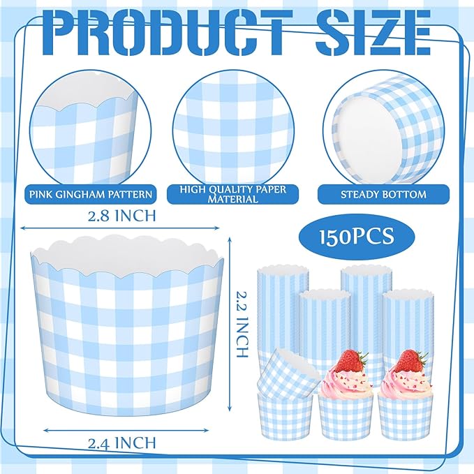 Vesici 150 Pcs Blue Gingham Ice Cream Cups 5oz Dessert Paper Bowls Gingham Scalloped Cupcake Cups Blue Disposable Dessert Bowls for Food Sundae Frozen Yogurt Soup Party Supplies