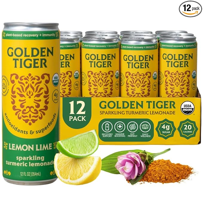 Golden Tiger Turmeric Sparkling Lemonade, Lemon Lime 12-Pack ??Curcumin & Ginger for Inflammation ??Sparkling Wellness Drink with Organic Superfoods + Antioxidants for Recovery, Immunity, Gut Health - 4g Sugar, 20 Calories