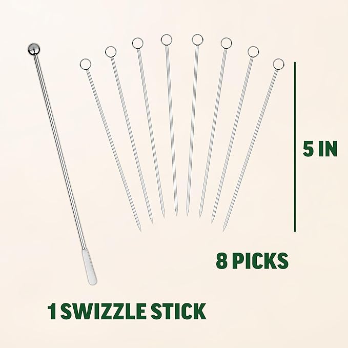 Zenlogy 5 inch Stainless Steel Picks (set of 8) and Swizzle Stick - Ideal Olive Skewers - Will Not Drown in Your Martinis, Cocktails, and Bloody Mary