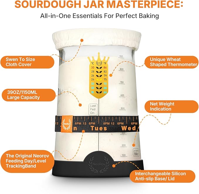 Pro Sourdough Starter Kit - 39 Oz Glass Sourdough Starter Jar (With Cloth Lid,Silicone Base,Scraper,Date Tracker,Temp Strip) - Sourdough Bread Baking Supplies For Sour Dough Bread Loaf (Black)