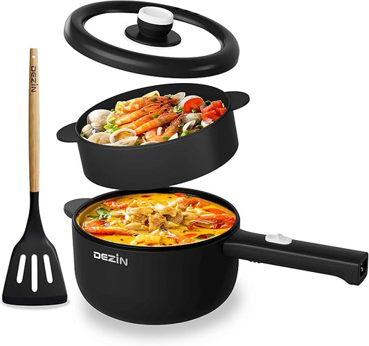 Dezin Electric Cooker, 2L Non-Stick Saut챕 Pan, Rapid Noodles Cooker, Mini Pot for Steak, Egg, Fried Rice, Ramen, Oatmeal, Soup with Power Adjustment, College Dorm Room Essential(Egg Rack Included)