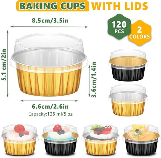120 Pcs Aluminum Foil Baking Cups Mini Cake Pans with Lids 5 oz Cupcake Liners Disposable Muffin Tins Wrappers Baking Foil Ramekins Pans Aluminum Cupcake Cups for Birthday Party(Black, Gold)
