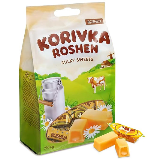 Roshen Korivka Milk Fudge Candy, 13.33oz (378g), Approx. 14 Pieces, Ukrainian Non-Glazed Dairy Fudge with Sugary Crust & Creamy Liquid Filling, Individually Wrapped, Kosher, Halal - Pack of 1