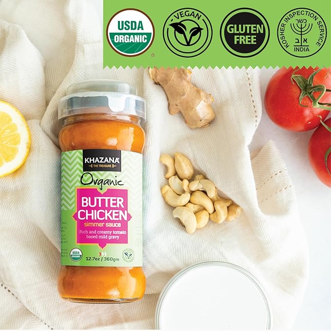 Khazana ORGANIC Butter Chicken Simmer Sauce - 12.7oz Jar | Non-GMO, Vegan, Gluten-Free, Kosher | Authentic Indian Meals Made Easy at Home!
