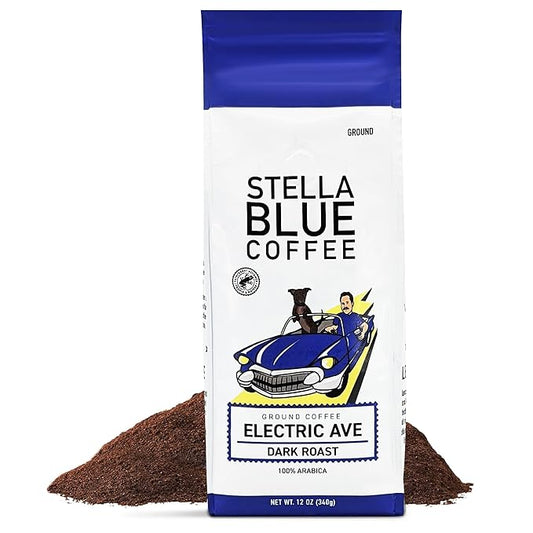 Stella Blue Ground Coffee, Electric Avenue Blend, Dark Roast, Toffee, Dark Chocolate & Subtle Smokiness Notes, 100% Arabica, Ethically Sourced from Central and South America, 12 oz bag