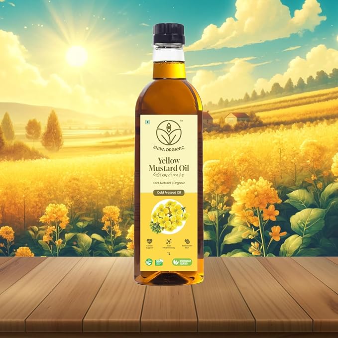 Shiva Organic Cold-Pressed Yellow Mustard Oil - 100% Natural, Certified Organic - 1L (33.8 fl oz) for Cooking, Massage, and Hair Care