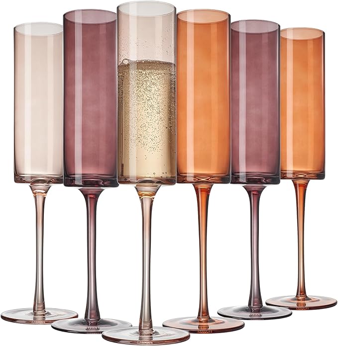 Khen Venus Glasses Luxury Glassware - Set of 6 - Everyday, Winter Gift Her, Mom, Wife, Girlfriend, Special Celebrations Drinkware, Textured Glass, Brown Style Amber Colored -Champagne Flute 6oz