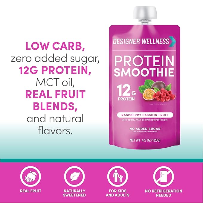 Designer Wellness Protein Smoothie, Real Fruit, 12g Protein, Low Carb, Zero Added Sugar, Gluten-Free, Non-GMO, No Artificial Colors or Flavors, Raspberry Passion Fruit, 24 Count