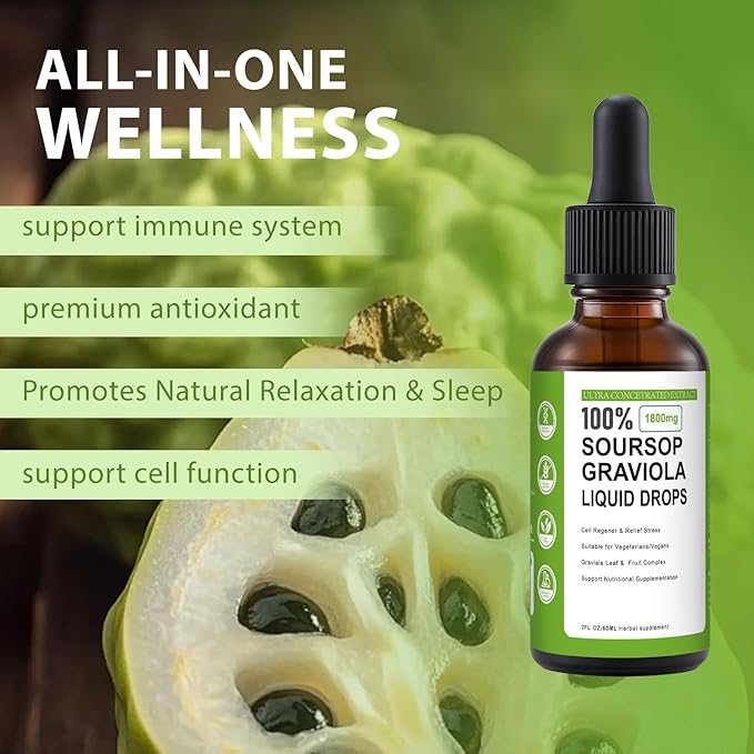 Soursop Graviola Liquid Drop, 100% Organic Pure Soursop Leaves and Fruit Extract, Soursop Bitters Liquid, Soursop Extract Organic Pure 1800mg, Sugar/Gluten Free, Natural Flavor