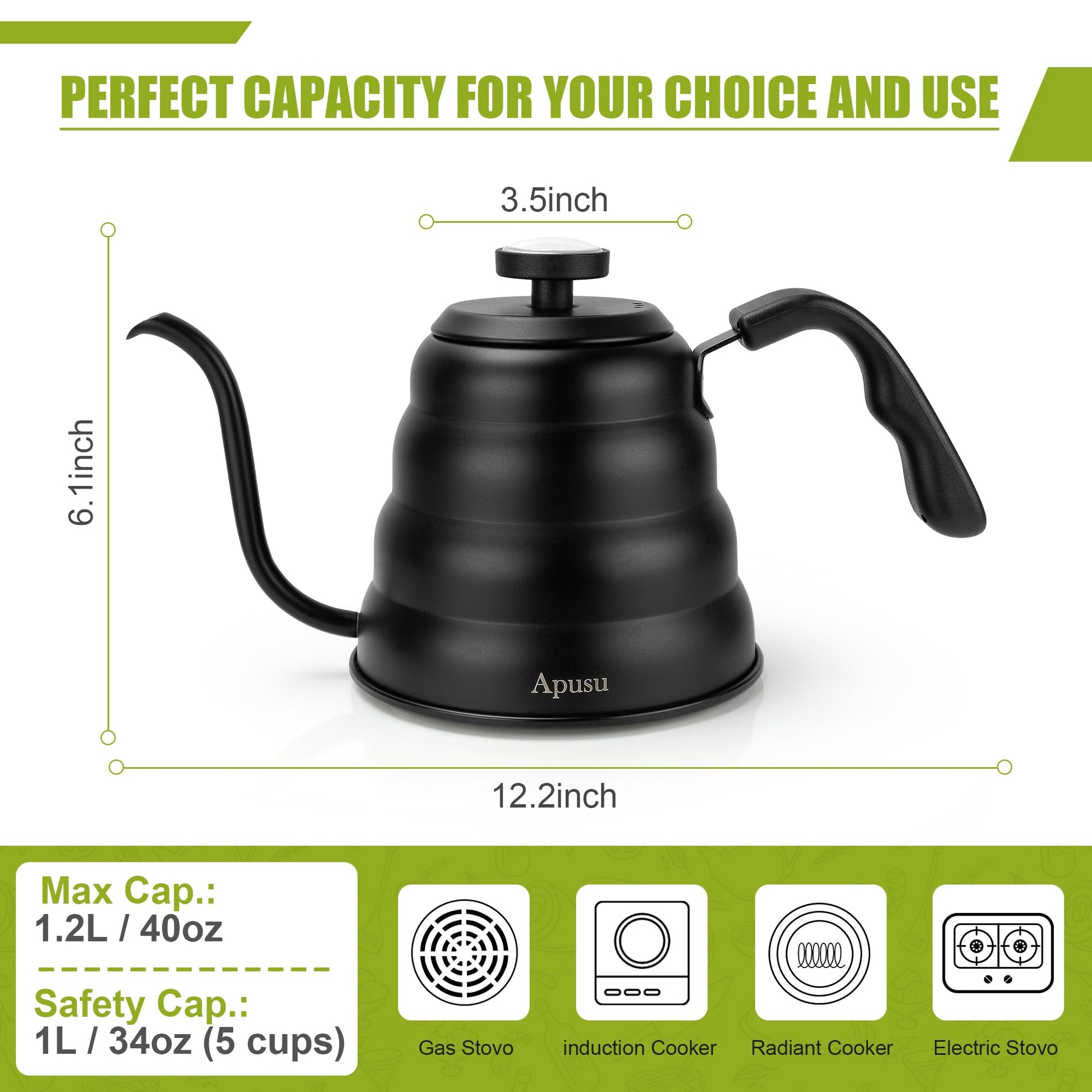 Tea Kettle with Thermometer,Black Gooseneck Coffee Kettle Pot Stovetop,40oz