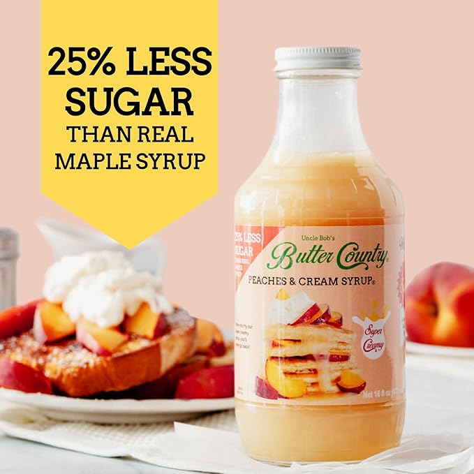 Butter Country Rich & Creamy Peach Syrup for Pancakes and Waffles, All Natural Fruity Topping Use on Drinks, Desserts, French Toast - 16 fl oz Bottle