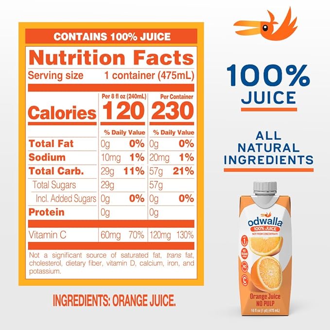 Odwalla Orange Juice, No Pulp - 100% Pure Orange - Vitamin C - No Added Sugar, No Artificial Ingredients, No Preservatives ??16 fl oz of OJ Juice (12 Pack)