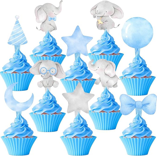 40 Pcs Blue Elephant Cupcake Toppers - Cute Party Decorations and Baby Shower Cake Decor - Perfect for Blue Elephant Birthday Cupcake Toppers, Baby Shower, and Boy Party