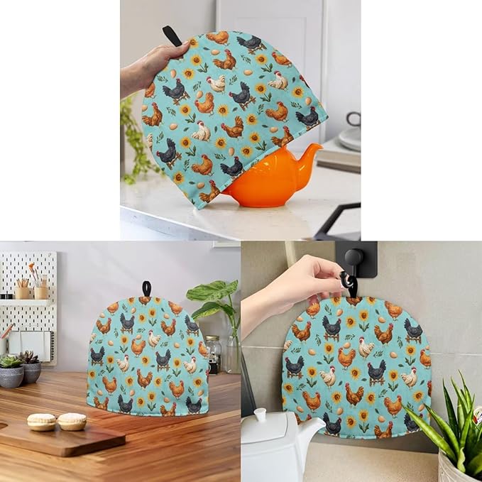 Rooster Flower Tea Cosy Washable Teapot Cover Breakfast Warmer Insulated Kettle Cover for Home Kitchen Decor Tea Cozies for Housewife, Friend, Mom, Both Side Can Be Used