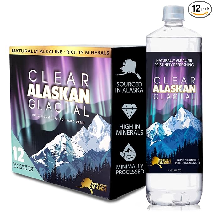 Clear Alaskan Fresh Glacier Water - Naturally Alkaline Glacial Water, rich in Minerals and Electrolytes | 33.8 Fl Oz (1000 ml) - Pack of 12 | Pristine and bottled at the source in BPA-free plastic bottles
