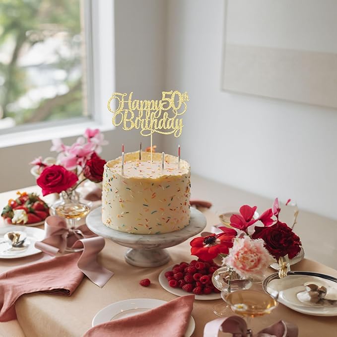 1 Pack Happy 50th Birthday Cake Topper Gold Glitter Number 50 Fifty Years Old Birthday Cake Pick Decoration For 50th Birthday Celebrating Anniversary Party Supplies