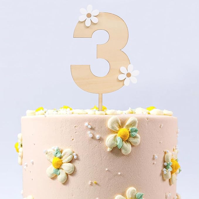 Wooden Daisy Cake Topper - 3rd Birthday & Anniversary Decor, Retro Groovy & Boho Style, Wooden Cake Decorating Supplies