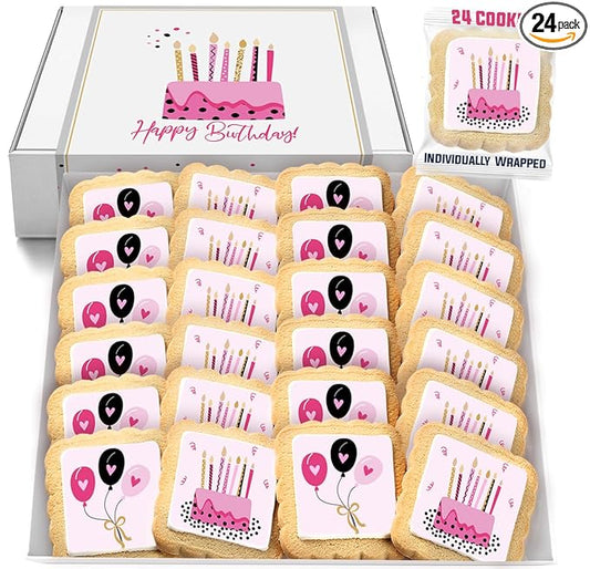 Happy Birthday Party Cookies Pink Cake Balloons Individualy Wrapped Printed Cookies 24 Pack Bulk