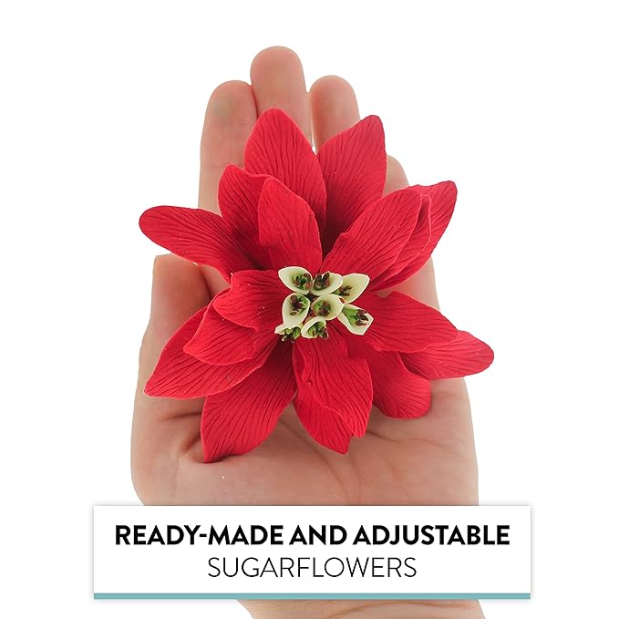 Global Sugar Art Poinsettia Sugar Cake Flowers, Fancy, Large Red, 3 Count by Chef Alan Tetreault. Perfect for Christmas Cake Decorations, Yule Logs, Gingerbread Houses, and more.