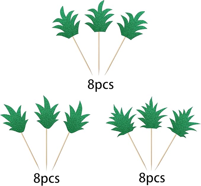24 Pack Pineapple Cupcake Toppers Glitter Donut Pineapple Leaf Cupcake Picks Tropical Hawaiian Luau Pineapple Theme Baby Shower Kids Birthday Party Cake Decorations Deep Green