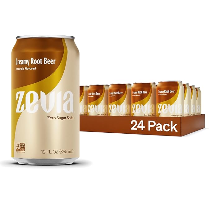Zevia Zero Sugar Soda, Creamy Root Beer, 12 oz Cans (24-Pack) ??Naturally Sweetened, Non-GMO Project Verified, Gluten-Free, Vegan