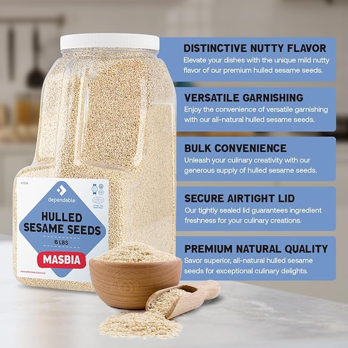 Dependable Food Hulled Sesame Seeds - 6 LB. Jar - Kosher, Raw, White Sesame Seeds Bulk - Great for Tahini - Ideal for Chefs, Restaurants & Culinary Enthusiasts - Non GMO- Natural Sesame Seed