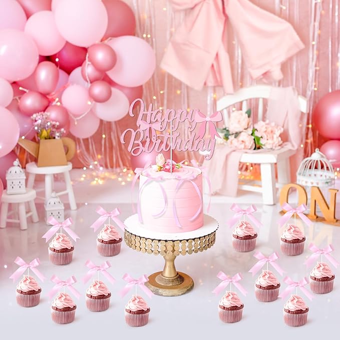 Pink Bow Cake Toppers, Happy Birthday Sign, 12Pcs Ribbion Bow Cupcake Toppers & 6Pcs Cake Toppers for Pink Bow Birthday Decorations, Baby Shower, Bridal Shower, Graduation Party