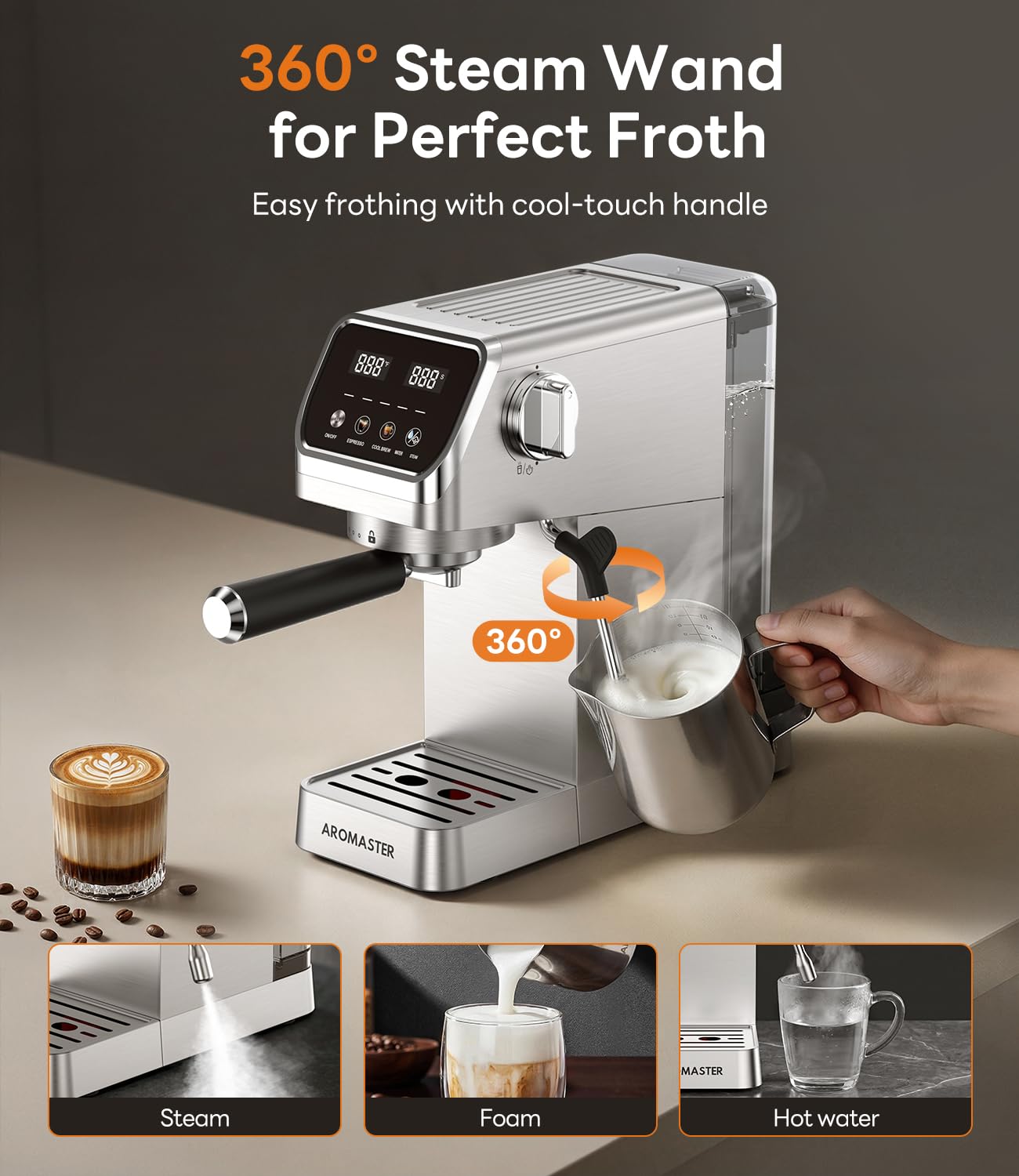 Aromaster 1400W Espresso Machine with Milk Frother, Stainless Steel