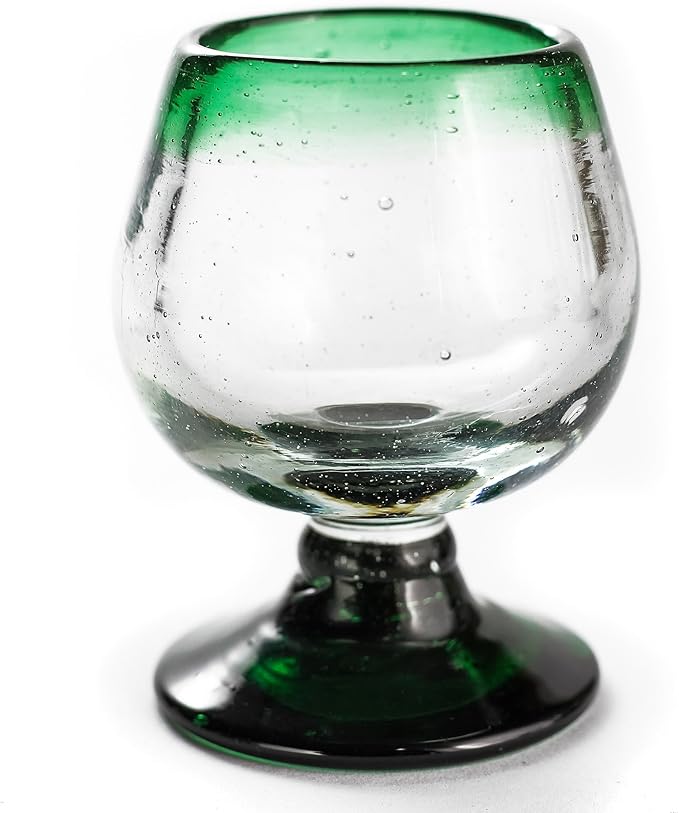 Authentic Mexican Tequila Hand Blown Shot Glasses - Set of 4-2 oz - Mini Glass Snifters - Heavy Base - Cognac (Green Rim)