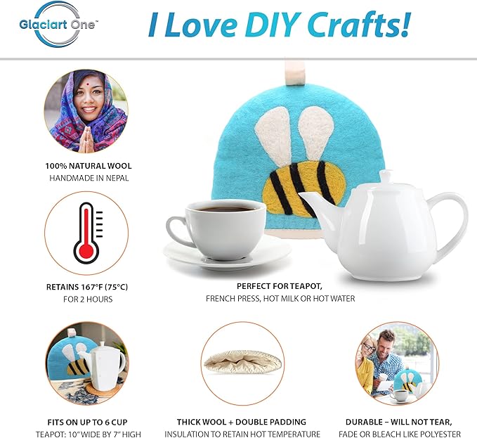 Glaciart One Wool Teapot Cozy Kettle Cover | Dome Shaped Large Tea Cosy, Kettle or French Press | Handmade & Needle Felted from Natural Wool | Warms Up to 2 Hours | Great as Gift