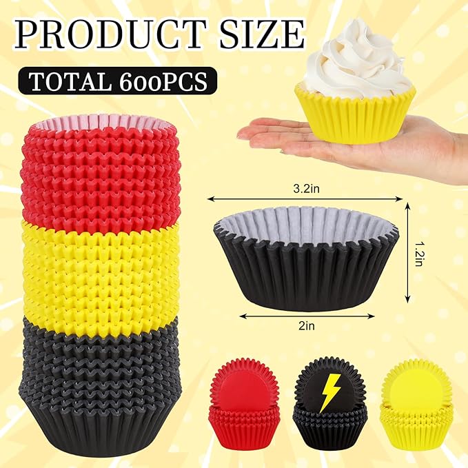 600 Pcs Lighting Cupcake Liner Cartoon Red Yellow Black Paper Baking Cup Animation Muffin Cupcake Wrapper for Baby Shower Birthday Party DIY Crafts Supplies, 2 x 1.2 Inch
