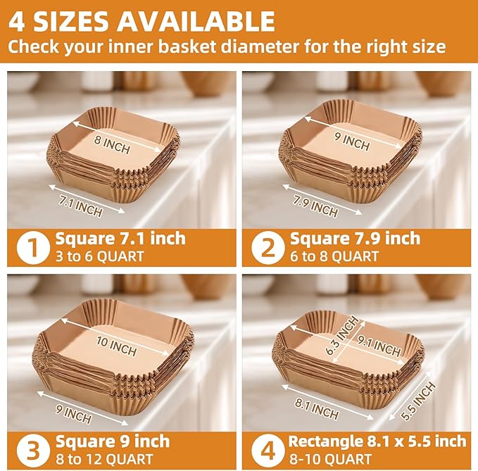 Air Fryer Paper Liners for 3-6 Qt, 7.1 x 7.1 inch Thickened Square Disposable Parchment Liner compatible with Ninja AF141/Chefman/Instant Pot/Cosori Airfryers