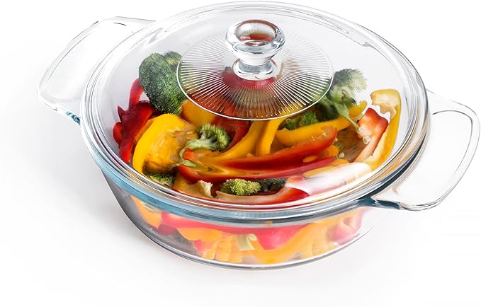 Clear Round Glass Casserole with Lid, Baking Dish with Glass Cover, Glass Casserole for Oven, Freezer and Dishwasher Safe (1.7-Quart Round)