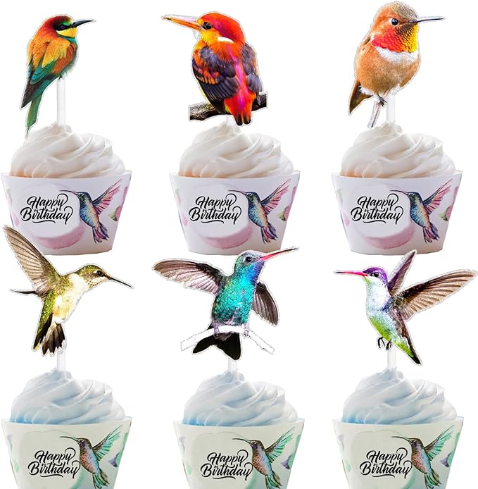 Picks 18 Pcs Hummingbird Dessert Cupcake Toppers Set Bird animals Theme petBaby Shower Boys Girls Happy Birthday Party Decorations