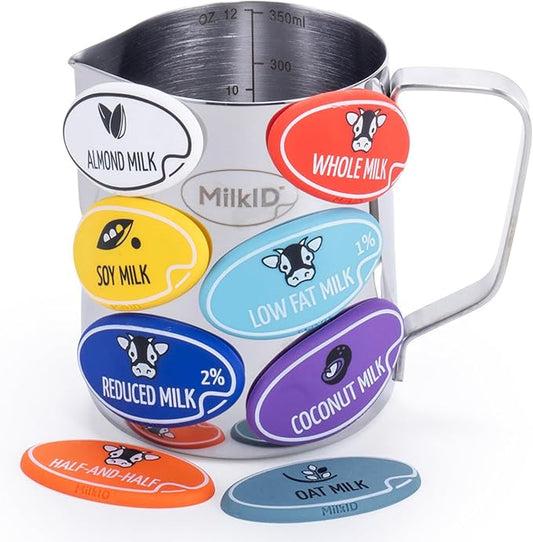 Milk Frothing Pitcher with 8 Allergen Silicone Snap-On Labels | Must-Have Barista Tool | Coffee Bar Accessories & Espresso Accessories Kit | (12oz / Pitcher + Labels)