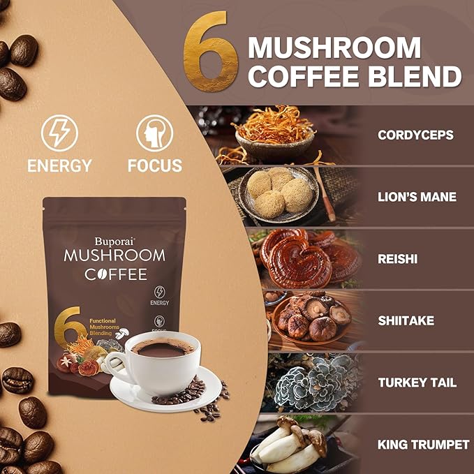 Mushroom Coffee, Instant Mushroom Coffee with 6 Mushrooms Lion?™s Mane, Cordyceps, Turkey Tail & Other for Energy, Focus, Digestion, Immunity, 30 Servings (1 Pack)