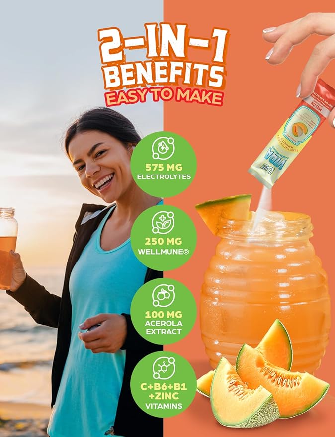 Hydration + Immunity Electrolyte Drink Mix ??Cantaloupe Agua Fresca Flavor | Sugar-Free Powder with Wellmune®, Acerola, Coconut Water & Minerals | 15 Single-Serve Stick Packs, Low Calorie