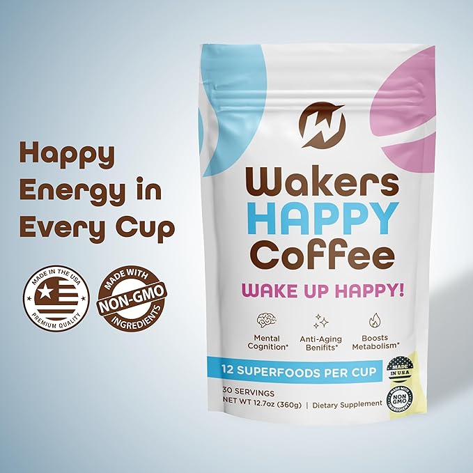 Wakers HAPPY Coffee supports energy, focus, anti-aging, and metabolism. Made in the USA with natural ingredients and Keto-friendly. Reminding you to wake up happy!