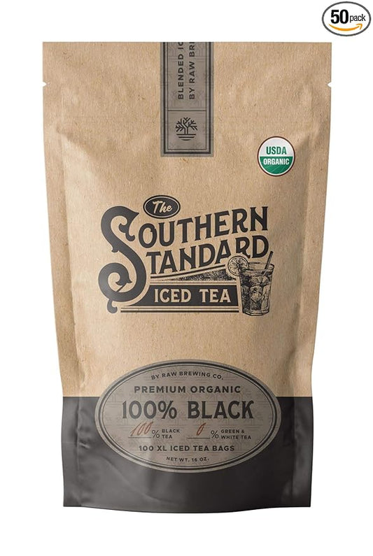 The Southern Standard | Organic Iced Tea Bags – 100% Black Tea Blend | No Microplastics | 50 XL Bags (½ lb, Makes 25 Gallons)