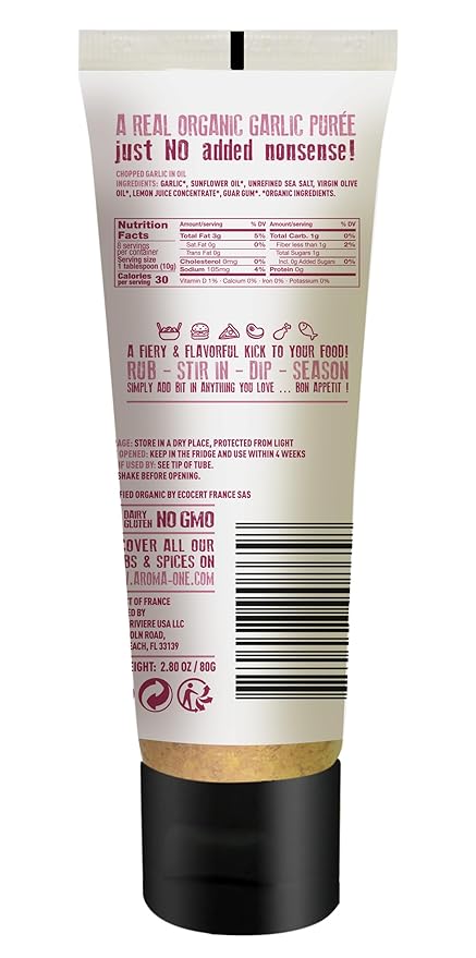 Aroma One Garlic Puree Paste - Organic Herb Concentrate for Cooking, Seasoning & Sauces - Fresh Flavor Enhancer, Non-GMO, Gluten-Free, Vegan - Easy Squeeze Tube, Kitchen Must-Have - 80g (2-Pack)