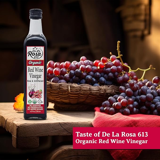 De La Rosa Red Wine Vinegar Organic, Raw & Unfiltered, Kosher for Passover, Vegan, Non-GMO & Gluten Free, Great for Salad Dressings, Marinades & More, Organic Red Wine Vinegar, 16.9 Oz (Pack of 2)