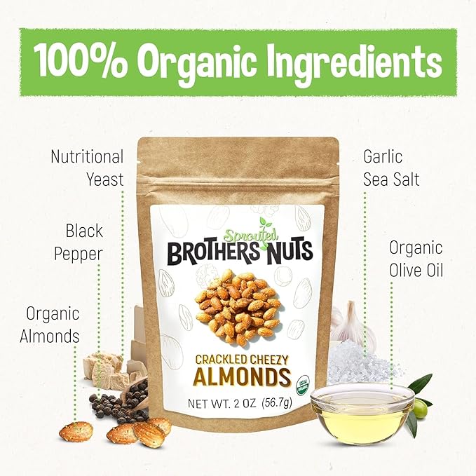 Brothers Nuts Crackled Cheezy Almonds – Organic, Sprouted Almonds – Healthy Keto Snack – Vegan, Gluten-Free, Kosher – No Preservatives – 2oz (2 Pack)