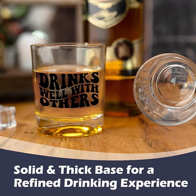 Funny Whiskey Glasses 10 oz, Drinking Gifts for Women Men, Drinks Well With Others Old Fashioned Rocks Glasses for Drinking Scotch Bourbon Cocktail Liquor Vodka