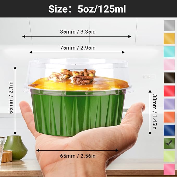EUSOAR Aluminum Muffin Cups with Lid, 30pcs 5oz Creme Brulee Ramekins Disposable Custard Flan Molds, Oven Small Foil Dessert Containers Baking Cups for Wedding Birthday Party Favor-Dark Green