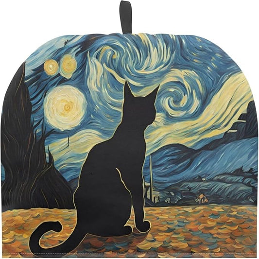 Cute Black Cat Tea Cosy for Teapot Starry Night Customized Teapot Covers Cover with Handle Kitchen Kettle Dust Cover for Keeping Warm Machine Washable Tea Cosy Fabric Quilted Padding
