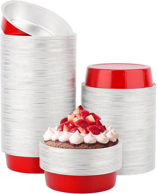 Beasea Disposable Baking Cups, 200 Pack 7.3oz 215ml Aluminum Ramekins Foil Baking Cups 4" Ramekin Cup No Lids Cupcake Aluminum Mini Baking Cups for Party - Bright Red