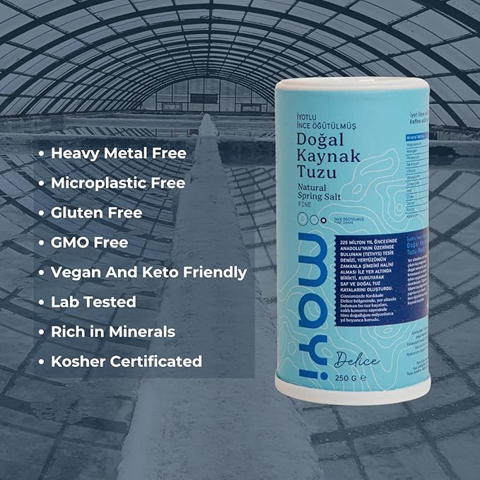 MAYİ Ancient Natural Spring Fine Ground Salt Shaker 8.8 oz - Hand-Harvested, Kosher, Microplastic-Free, Mineral-Rich, Chemical-Free, Unrefined Healthy Salt, Cooking, Baking, Low Sodium Diets