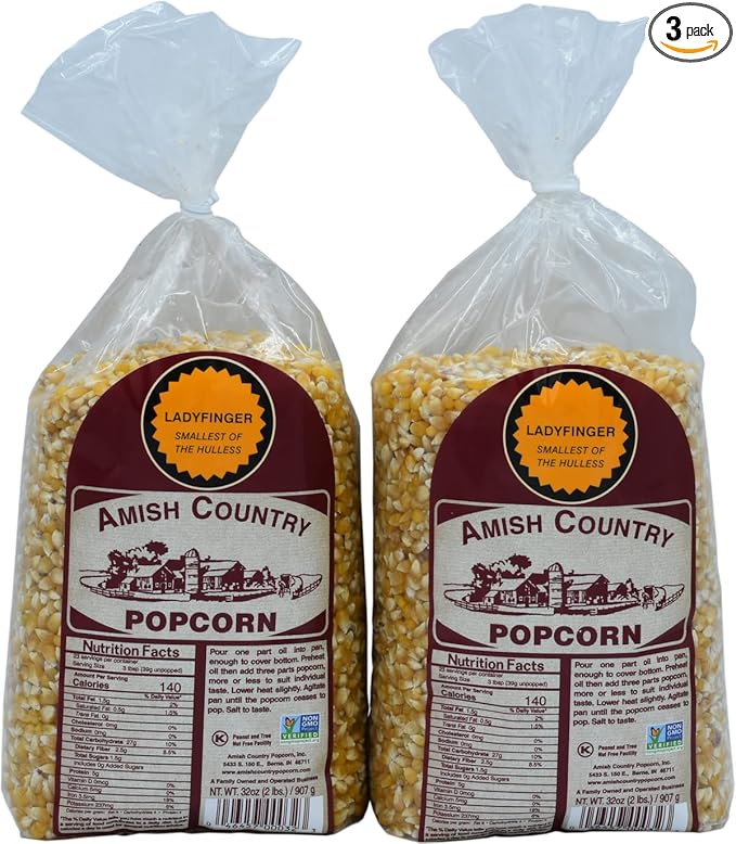 Amish Country Popcorn | 2-2 Lb Bags - Ladyfinger Kernels | Old Fashioned, Non-GMO and Gluten Free