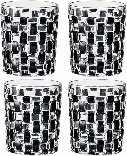4 Pcs Black Woven Relief Glass Cups 10.5 OZ Drinking Glassware Cocktail Glasses for Iced Coffee Juice Tea Beverage Milk Wine