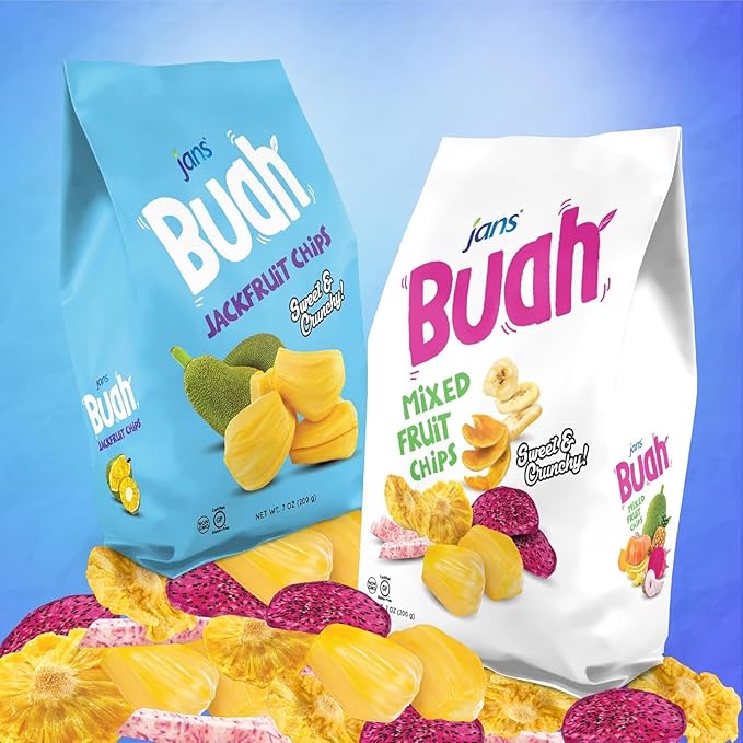 Jans Buah Jackfruit Chips (7.05 Oz Bag, Pack of 12) - Dried Jack Fruit Chips Experience Real Fruit, Gluten-Free, Sweet & Crunchy, Ready-to-Eat, Perfect for Anytime Snacking